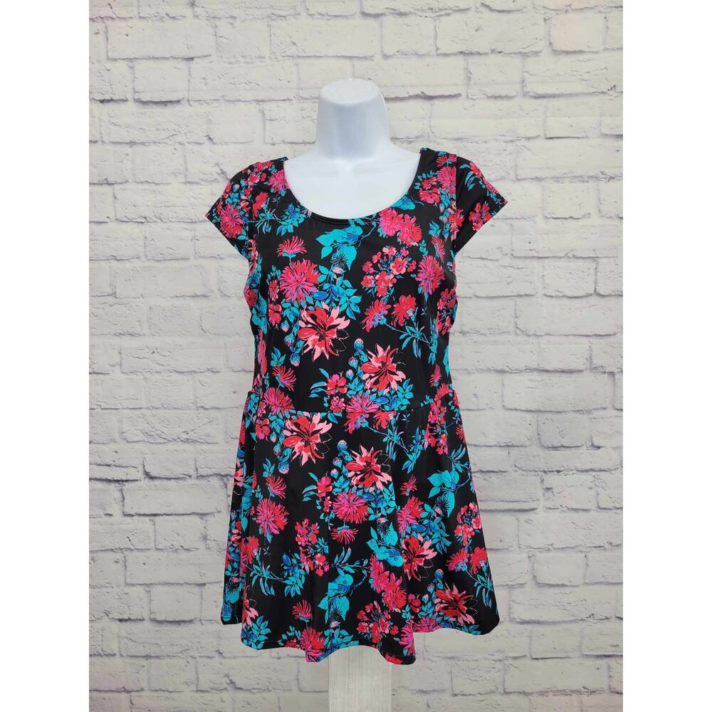 6R BLACK FLORAL A375184 Denim & Co. Beach Scoop Neck Cap Sleeve Swim Dress